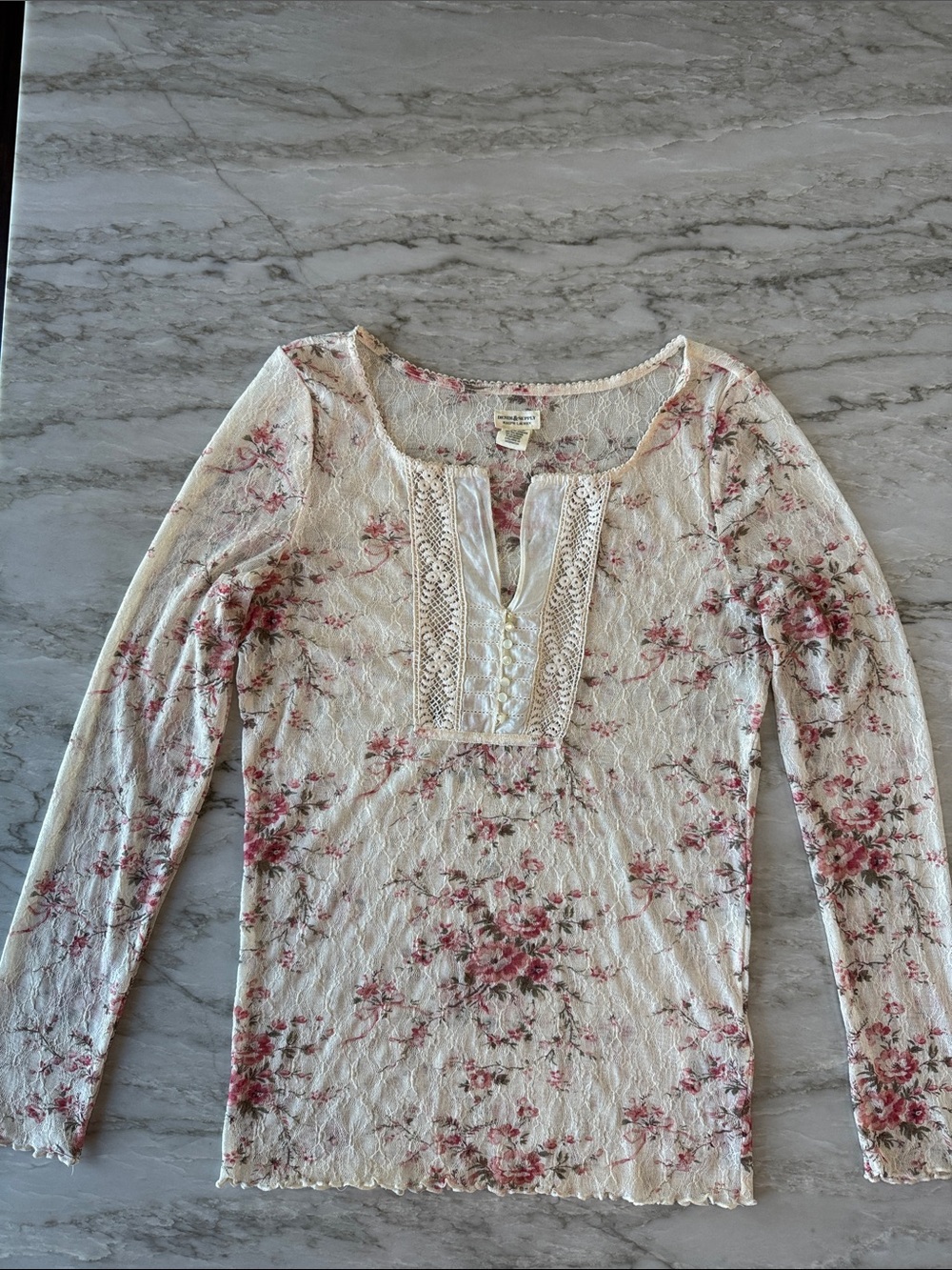 Denim & Supply Ralph Lauren Cream Long Sleeve Floral Lace-Trim Top